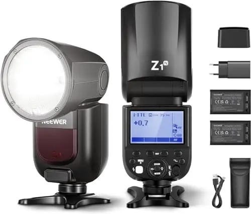 Produktbild: NEEWER Z1-N TTL Speedlite Blitzlicht kompatibel mit Nikon, Rundkopf Blitzgerät 76Ws 2,4G 1/8000s HSS Blitz, 2 x 2600mAh Lithium Akkus & USB Ladegerät, 480 Aufnahmen mit voller Leistung, 1,5s Recycling