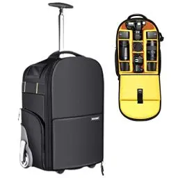 Produktbild: NEEWER 2 in 1 Kamerarucksack mit Rollen Gepolstertes stoßfestes Fach, Teleskopgriff und versteckte Gurte, langlebig und wasserdicht für Kamera, Stativ, Objektiv, Schwarz, 49x33x20cm