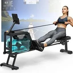 Produktbild: Neezee Rudergerät für zuhause, Rudergerät Wasser mit Professioneller Bluetooth-Monitor und Tablet-Halterung, Max 150kg Belastbar, Vertikale Lagerung, Transporträder für Einfache Bewegung