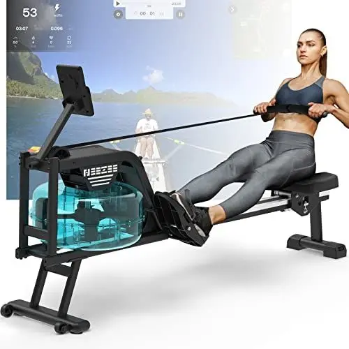 Produktbild: Neezee Rudergerät für zuhause, Rudergerät Wasser mit Professioneller Bluetooth-Monitor und Tablet-Halterung, Max 150kg Belastbar, Vertikale Lagerung, Transporträder für Einfache Bewegung