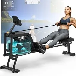 Produktbild: Neezee Rudergerät für zuhause, Rudergerät Wasser mit Professioneller Bluetooth-Monitor und Tablet-Halterung, Max 150kg Belastbar, Vertikale Lagerung und Transporträder für Einfache Bewegung (Neuer)