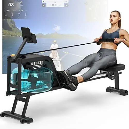 Produktbild: Neezee Rudergerät für zuhause, Rudergerät Wasser mit Professioneller Bluetooth-Monitor und Tablet-Halterung, Max 150kg Belastbar, Vertikale Lagerung und Transporträder für Einfache Bewegung (Neuer)