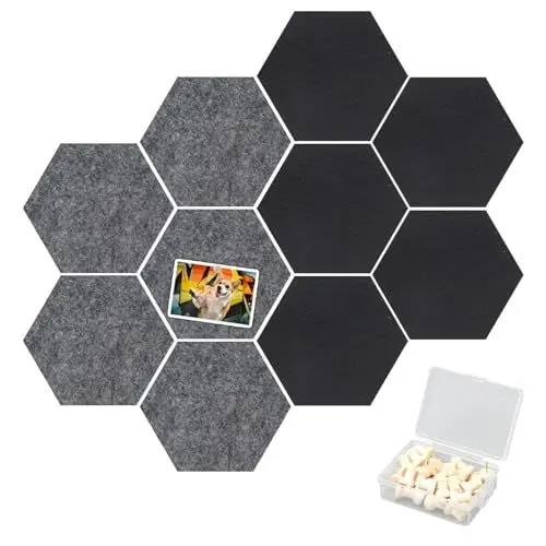 Produktbild: Neikafan 10 Stück Filz Pinnwand Hexagon Pinnwand Filz Schwarz Grau Filztafel Sechseckig Selbstklebend Pinboard mit Pinnnadeln für Foto Hängen,Bulletin Tafeln Schreibtisch Deko Kinderzimmer Büro