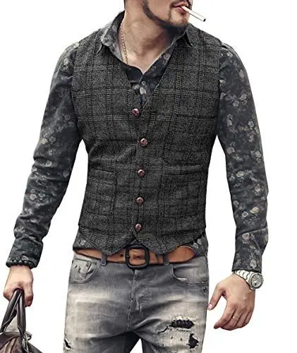 Produktbild: Neil Melody Herren Anzug Weste mit Fischgrätmuster Lässig kariert Tweed Wolle Weste Hochzeit Trauzeugen(Large,Schwarz)