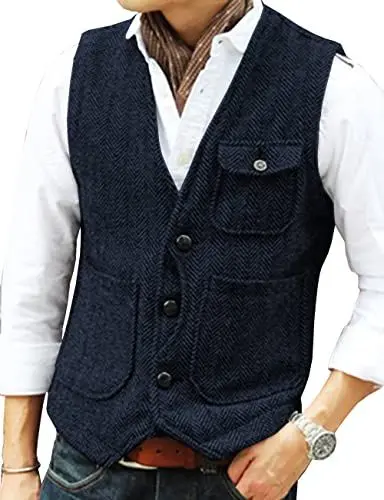 Produktbild: Neil Melody Herren Retro Fischgrät Anzüge Wollwesten Tweed Westen Trauzeuge S-3XL(Small,Marine)