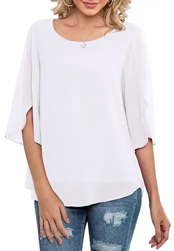 Produktbild: Neineiwu Damen Chiffon Tunika Lässig Rundkragen 3/4-Ärmeln Bluse Mesh Fließende Shirts Loose Fit Oberteile blusen Damen elegant festlich Party Outfit Damen Bluse Damen sexy