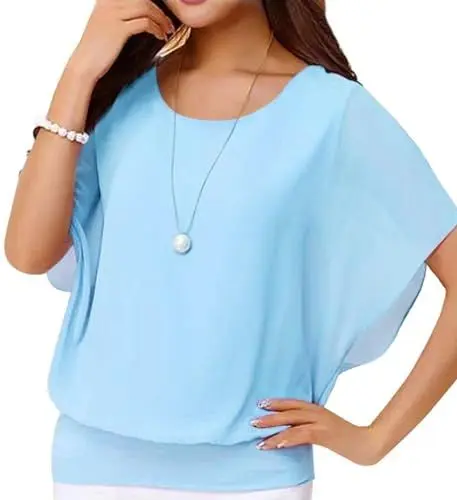 Produktbild: Neineiwu Damen Elegant Batwing Bluse Kurzarm Tunika Blumen Rundkragen Chiffon Seidenbluse, Hellblau, XXL