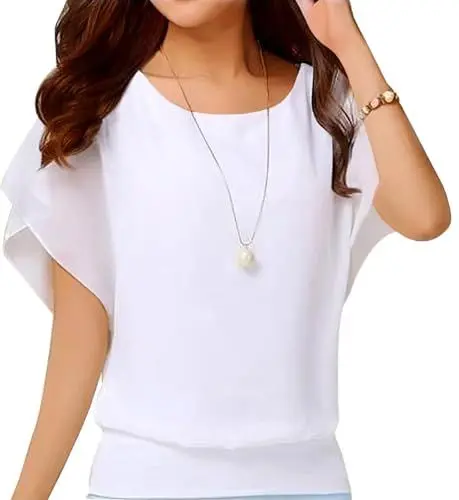 Produktbild: Neineiwu Oberteil Damen elegant Batwing Bluse Shirts Kurzarm Tunika Blumen Rundkragen Weisse blusen Damen Tunika damenblusen Festliche blusen Damen Chiffon Bluse Damen,Weiß,S