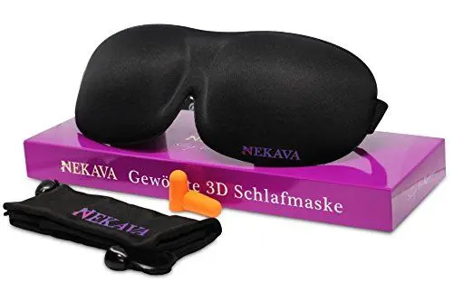 Produktbild: Nekava Schlafmaske für Damen und Herren. Premium 3D Schlafbrille in schwarz für druckfreien Augenkontakt. Komplett dunkel, größenverstellbar und komfortabel. Inkl. Ohrstöpsel & Reisebeutel