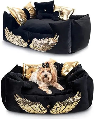 Produktbild: NELKE Exklusives Hundebett im Glamour-Stil Hundesofa schwarz mit goldenen Flügeln Luxuriöses Hundecouch für kleine und mittelgroße Hunde Hundekissen waschbar