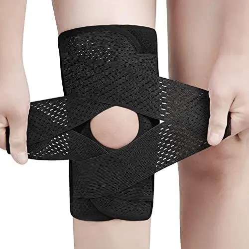 Produktbild: NELLHOMY Professionelle Kniebandage, mit Patella Gel Pads & Feder Seitenstabilisatoren verstellbare Kniebandage für Meniskus Riss Knieschmerzen Komprimierte Kniebandage (XL, Schwarz)