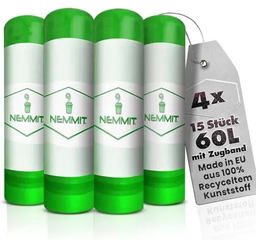 Produktbild: NEMMIT ® Premium Müllbeutel 60L - extradick & tropfsicher 80x65-4er Pack - aus 100% Recycling Material EXTRA Breite Müllsäcke