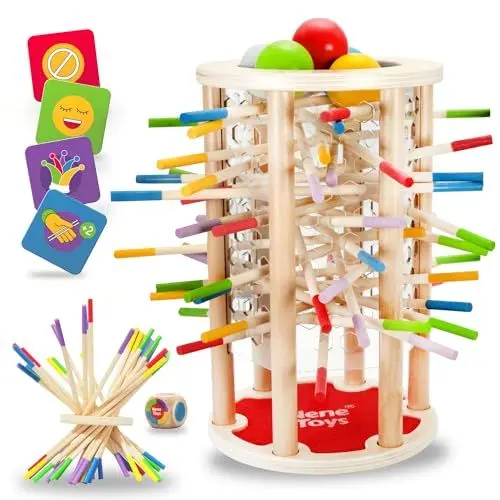 Produktbild: Nene Toys BALLFALL Groß – Montessori Spielzeug ab 3 4 5 6 Jahren – Geschicklichkeitsspiel & Lernspiel aus Holz mit bunten Stäbchen, Würfel & Karten – Kinderspiel, Geschenk Jungen Mädchen ab 3 Jahren