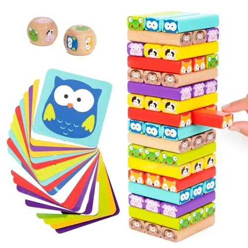 Produktbild: Nene Toys Wackelturm 4 in 1 aus Holz mit Farben und Tieren - Pädagogisches Kinderspiel ab 3 Jahre - Spielzeug für Mädchen und Jungs von 3 bis 9 Jahren - Stapelturm Brettspiel