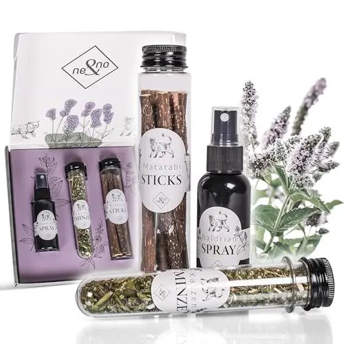 Produktbild: ne&no® Geschenkset Katzenminze Mix bestehend aus Katzen Minze + Matatabi Sticks + Baldrian Spray I luftdicht und liebevoll verpackt I Matatabi Stick Katze I Catnip(Mix)
