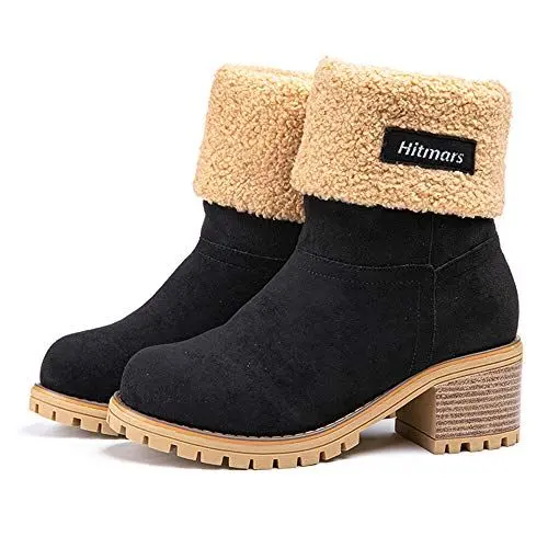 Produktbild: NEOKER Damen Winterschuhe Schneestiefel Plateau Shorts Stiefel Chunky Heels Boots Stiefeletten Fell Bequeme Gefüttert Mode Schuhe 6 cm Schwarz 37
