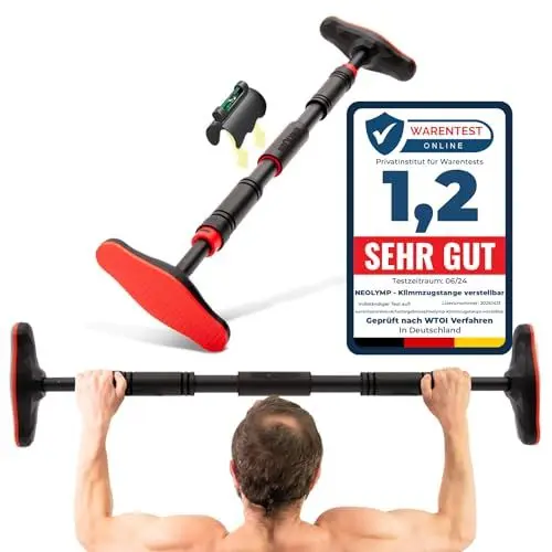 Produktbild: NEOLYMP Klimmzugstange Türrahmen ohne Schrauben mit Pull up Bar E-Book - Klimmzugstange verstellbar 70-100 cm mit Gewindesperre für sicheren Halt bis zu 200kg (Rot)