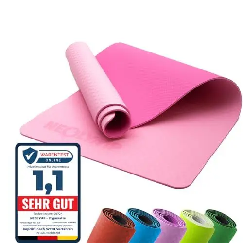 Produktbild: NEOLYMP Yogamatte rutschfest mit Tragegurt und Übungen - leichte Yogamatte dünn, umweltfreundliche Gymnastikmatte, Sportmatte, Turnmatte, Yoga Starter-Set