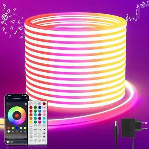 Produktbild: Neon Led Strip 5M RGB, LED Streifen mit APP Steuerung Fernbedienung, IP65 Outdoor Wasserdichte Flexible LeD Leiste, 24V LED Band Lichtschlauch Außen Innen Musik Sync DIY für Zimmer Raum Wand Gaming