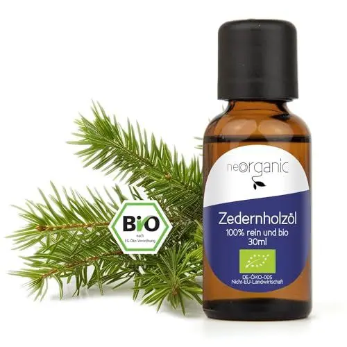 Produktbild: NeoOrganic® Bio Zedernöl (Cedrus atlantica) 100% naturreines Zedernholzöl gewonnen aus dem Holz der Atlaszeder – zum Auffrischen von Zedernholz – ätherische Öle Zeder - ätherisches Duftöl
