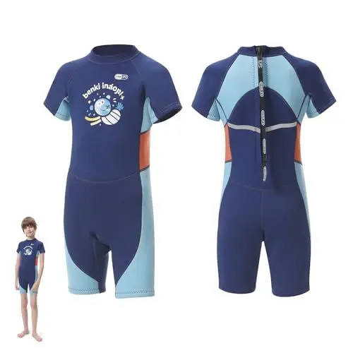 Produktbild: Neoprenanzug Kinder, 2MM Neoprenanzug Kinder Kurz/Lang, Thermischer UV-Schutz Badeanzug, Rückenreißverschluss zum Schwimmanzug kinders, Neopren Wetsuit für Mädchen Jungen 4-12 Jahre