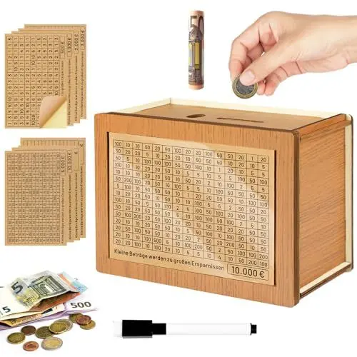 Produktbild: Nepfaivy Spardose mit Zähler Ankreuzen aus Holz - Wiederverwendbare Sparbox mit Zahlen aus €500-€10000 Sparzielen, Goalsaver Box | Geldsparbox | Retro Sparbüchse für Kinder Erwachsene