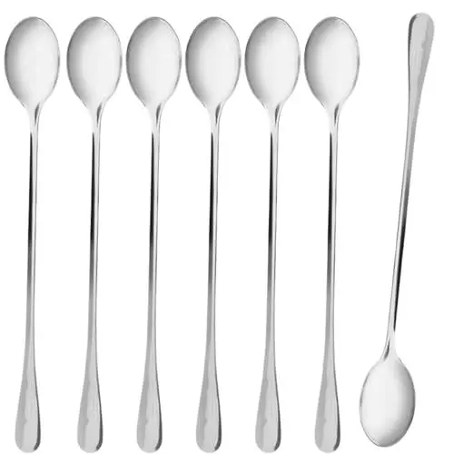Produktbild: NEPTUUN Hochwertige Latte Macchiato Löffel 6+1 gratis Set, 22,8 cm, lange Löffel, Longdrinklöffel aus Edelstahl, Cocktaillöffel, Dessertlöffel, Eislöffel,Eiskaffee Hochglanzpoliert (Silber)