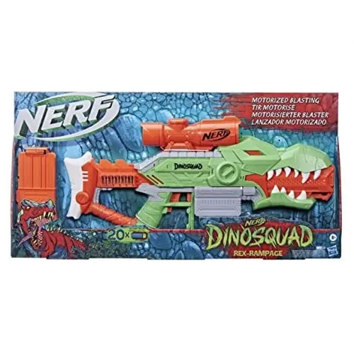 Produktbild: Nerf DinoSquad Rex-Rampage motorisierter Blaster, 10-Dart Clip-Magazin, 20 Nerf Darts, 10-Dart Aufbewahrung, T-Rex Dinosaurier Design