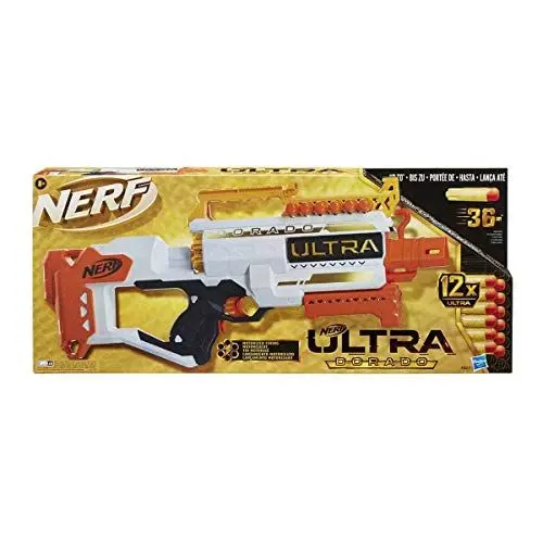 Produktbild: Hasbro F2017 Ultra Dorado motorisierter Blaster, Goldakzente, schnelles Laden von hinten, 12 Nerf Ultra Darts, nur mit Nerf Ultra Darts kompatibel