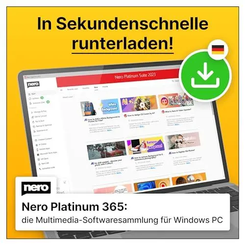 Produktbild: Nero Platinum 365 | Bild, Video, Musik verwalten, Schneiden & Streamen, Rippen, Brennen, Datensicherung & -rettung, PC Tuning | Win 11/10/8/7 | 1 Gerät | Jahreslizenz | Aktivierungscode per Email
