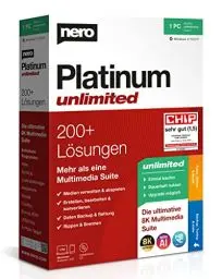 Produktbild: Nero Platinum Unlimited | Retailbox mit CD | Videobearbeitung | Medien verwalten & abspielen | Künstliche Intelligenz | 8K | Fotos | Musik | PC Tuning | Windows 11 / 10 / 8 / 7