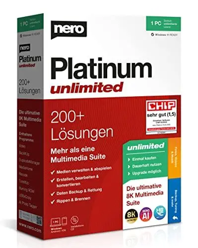 Produktbild: Nero Platinum Unlimited | Retailbox mit CD | Videobearbeitung | Medien verwalten & abspielen | Künstliche Intelligenz | 8K | Fotos | Musik | PC Tuning | Windows 11 / 10 / 8 / 7