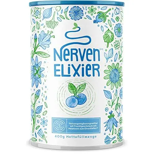 Produktbild: Nerven-Elixier - Melatonin, Magnesium, B-Vitamine & Aminosäuren für natürliches Stressmanagement & Entspannung am Abend - Pflanzliche Mischung mit Blaubeer-Geschmack - 400g Pulver von Alpha Foods