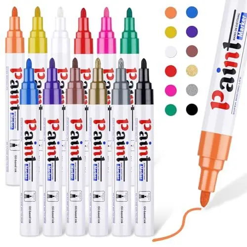Produktbild: Nesayerk Permanent Marker Set Wasserfeste Steinmalstifte, 12 Farben Paint Marker Stifte für Steine Bemalen, Glas, Holz, Kunststoff, Metalle, Reifen, Keramik Tasse