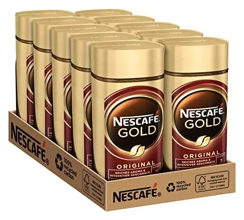 Produktbild: NESCAFÉ GOLD Original, löslicher Bohnenkaffee, Instant-Kaffee aus erlesenen Kaffeebohnen, koffeinhaltig, 10er Pack (10x100g)