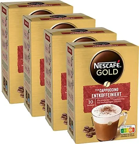 Produktbild: NESCAFÉ GOLD Typ Cappuccino Entkoffeiniert, Getränkepulver-Sticks aus entkoffeiniertem löslichem Bohnenkaffee, koffeinfrei, 4er Pack (4 x 10 Getränkepulver-Sticks à 12,5g)