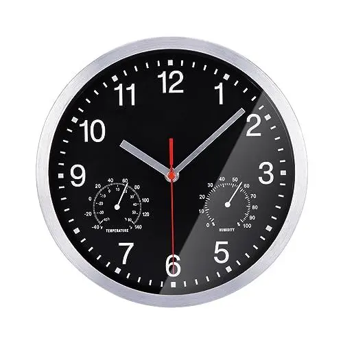 Produktbild: NESIFEE wanduhr ohne tickgeräusche Radio funkuhr Wand Schwarze mit Temperatur und Feuchtigkeit 25cm batteriebetrieben groß Vintage modern lautlos Uhr Wand für Küche Schlafzimmer Wohnzimmer Kinder