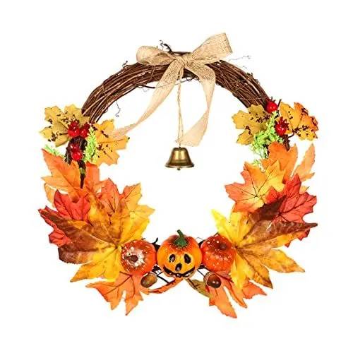 Produktbild: NESTINGHO 1stk Halloween-Ahornblatt-tür Hängend Ahornblattkranz Glöckchen Kranz Herbstlicher Türkranz Künstliche Blumengirlande Schädelgirlande Halloween-türkranz Eukalyptus-dekor Stoff