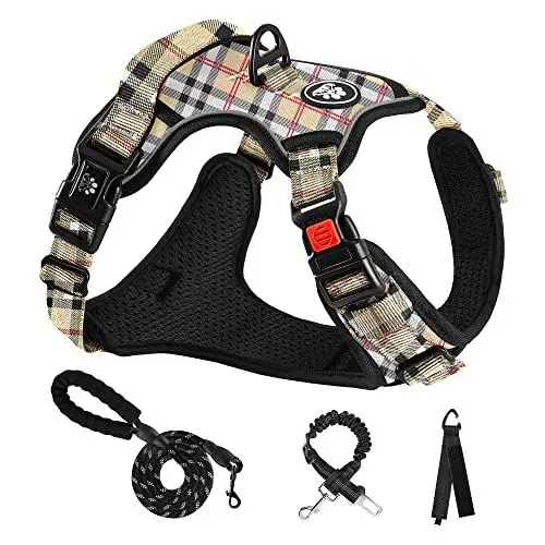 Produktbild: NESTROAD Hundegeschirr Große Hunde Leine Geschirrset Kariert Beige, Größe L für Hunde Grosse mit Halsumfang 38~48CM Brustumfang 48~74CM, enthalten Brustgeschirre Hundeleine Sicherheitsgurt Auto