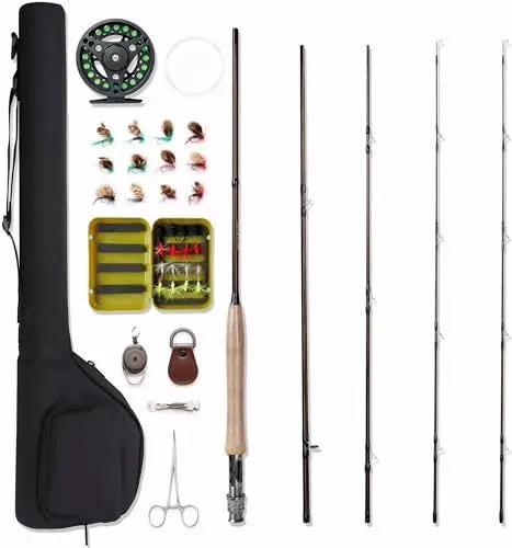Produktbild: NetAngler Fliegenfischrute und Angelrolle, 4-teilig, 5 W, Aluminium, Fliegenrolle, 28-teiliges Fliegen-Set mit kostenloser Rutenspitze, Rückseite und Stofftragetasche