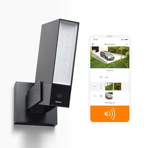 Produktbild: Netatmo AMZ Smarte Überwachungskamera für den Außenbereich mit 105 dB-Sirene, WLAN, Integrierte Beleuchtung, Bewegungserkennung, Nachtsicht, Ohne Abonnement, NOC-S-AMZ, 1080p