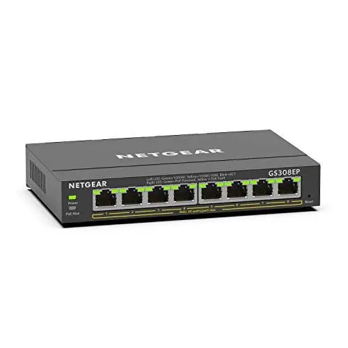 Produktbild: NETGEAR GS308EP PoE Switch 8 Port Gigabit Ethernet LAN Switch PoE+ 62W Plus (Managed Netzwerk Switch PoE mit IGMP Snooping, QoS, VLAN, lüfterloses Metallgehäuse), Schwarz