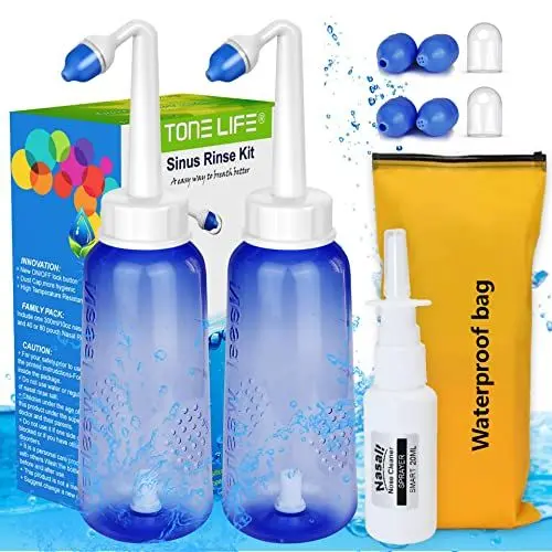 Produktbild: Neti Pot 2 Flaschen + 4 Düsen + Nasenspray (nur Flasche) 300 ml Neti Pot Sinus Rinse – Nasenreiniger & Sinus Bewässerung – Nasenspray blockiert Nase