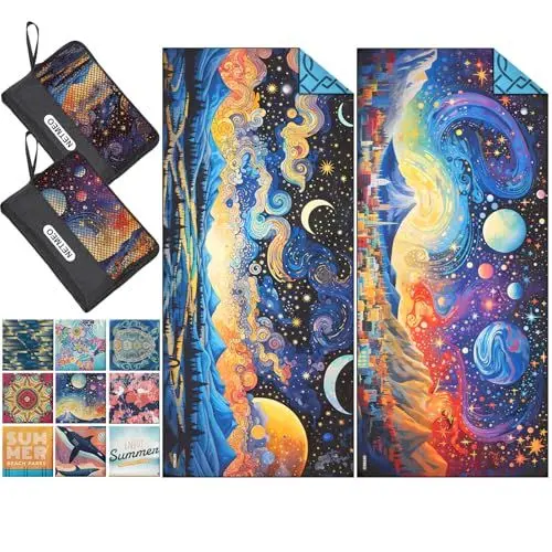 Produktbild: NETMEO 2er-Pack leichte Strandtücher aus Mikrofaser, 180 x 80 cm, groß, sandfrei, schnelltrocknend, saugfähig, dünn, kompakt, für Pool, Camping, Strand (Abstract Starry Sky)