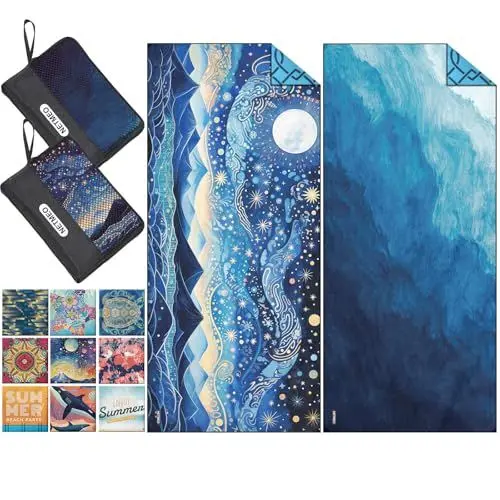Produktbild: NETMEO 2er-Pack leichte Strandtücher aus Mikrofaser, 180 x 80 cm, groß, sandfrei, schnelltrocknend, saugfähig, dünn, kompakt, für Pool, Camping, Strand (Dreamy Waves)