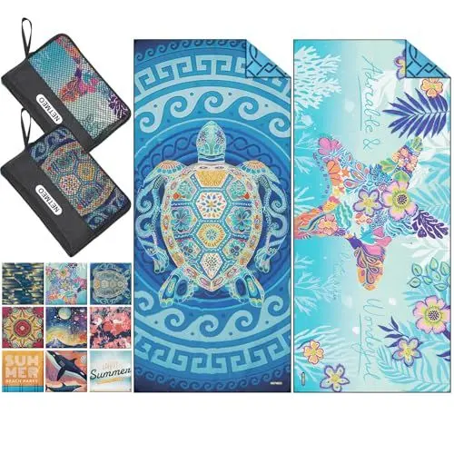 Produktbild: NETMEO 2er-Pack leichte Strandtücher aus Mikrofaser, 180 x 80 cm, groß, sandfrei, schnelltrocknend, saugfähig, dünn, kompakt, für Pool, Camping, Strand (Marine Animals)