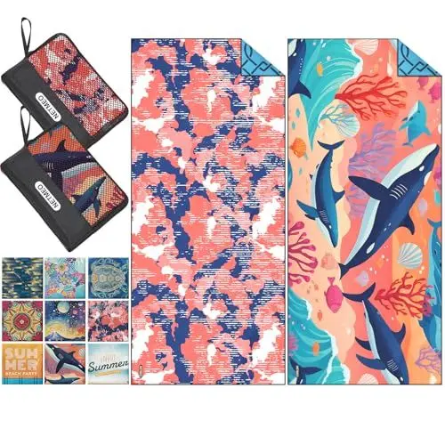 Produktbild: NETMEO 2er-Pack leichte Strandtücher aus Mikrofaser, 180 x 80 cm, groß, sandfrei, schnelltrocknend, saugfähig, dünn, kompakt, für Pool, Camping, Strand (Red Beach)