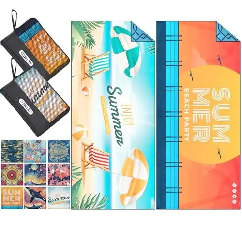 Produktbild: NETMEO 2er-Pack leichte Strandtücher aus Mikrofaser, 180 x 80 cm, groß, sandfrei, schnelltrocknend, saugfähig, dünn, kompakt, für Pool, Camping, Strand (Sunny Beach)