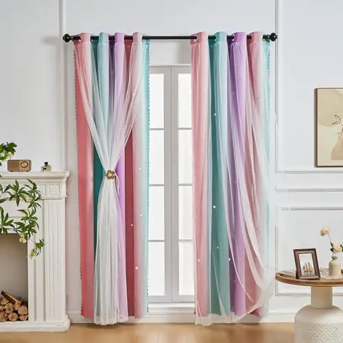 Produktbild: NETMEO 2-teilige Vorhänge für Mädchen, Hohle Sterne, Farbverlauf-Vorhänge für Mädchenprinzessinnenschlafzimmer, Fenster für Kinderzimmer, Themenzimmerdekoration (Rosa Lila Grün, B132xH106cm)