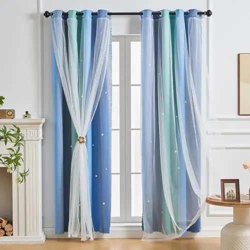 Produktbild: NETMEO Vorhänge für Mädchenschlafzimmer, Verdunkelungsvorhänge mit Regenbogenmotiv, Kinderzimmer, Zimmerdekor für Mädchen, Wohnzimmer, Fenster mit Themenzimmer (Blau Grün Grau, 1P × B132xH160 cm)